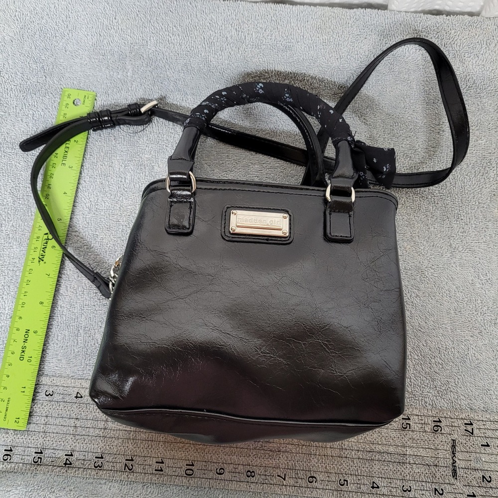 Madden Girl Black Faux Leather Satchel Crossbody Bag Scarf Wrap Handle